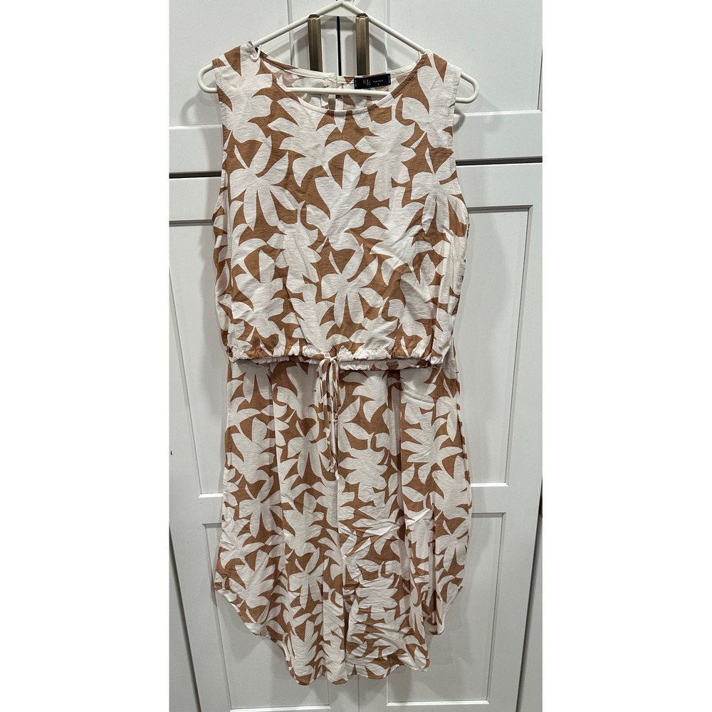KLD Women Tan White Abstract Floral 2 Piece Set Crop Top Wide Leg Pants Small